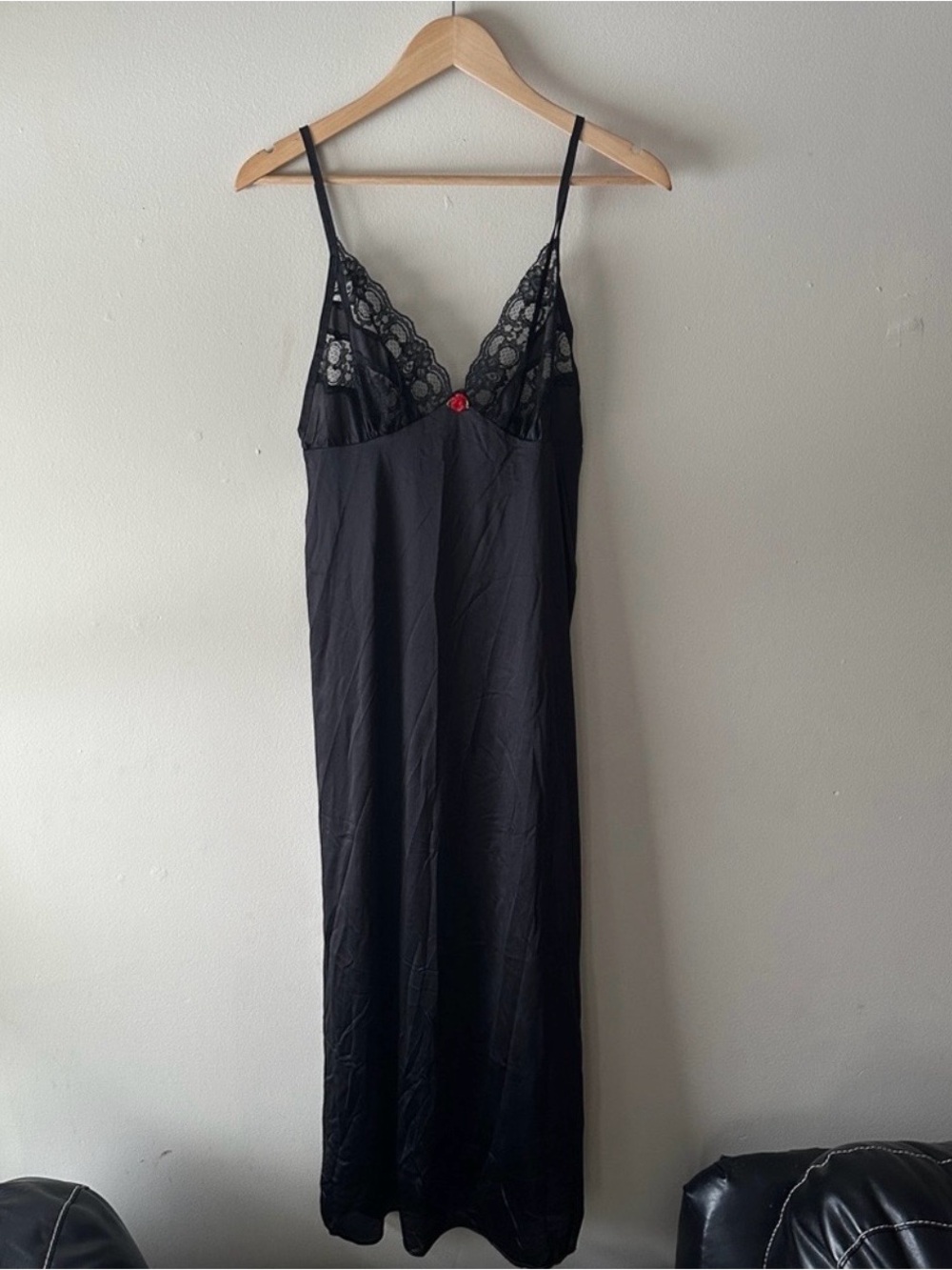 Vintage Petra Fashions Black Nylon Lace Trim Maxi Nightgown Slip Dress Medium